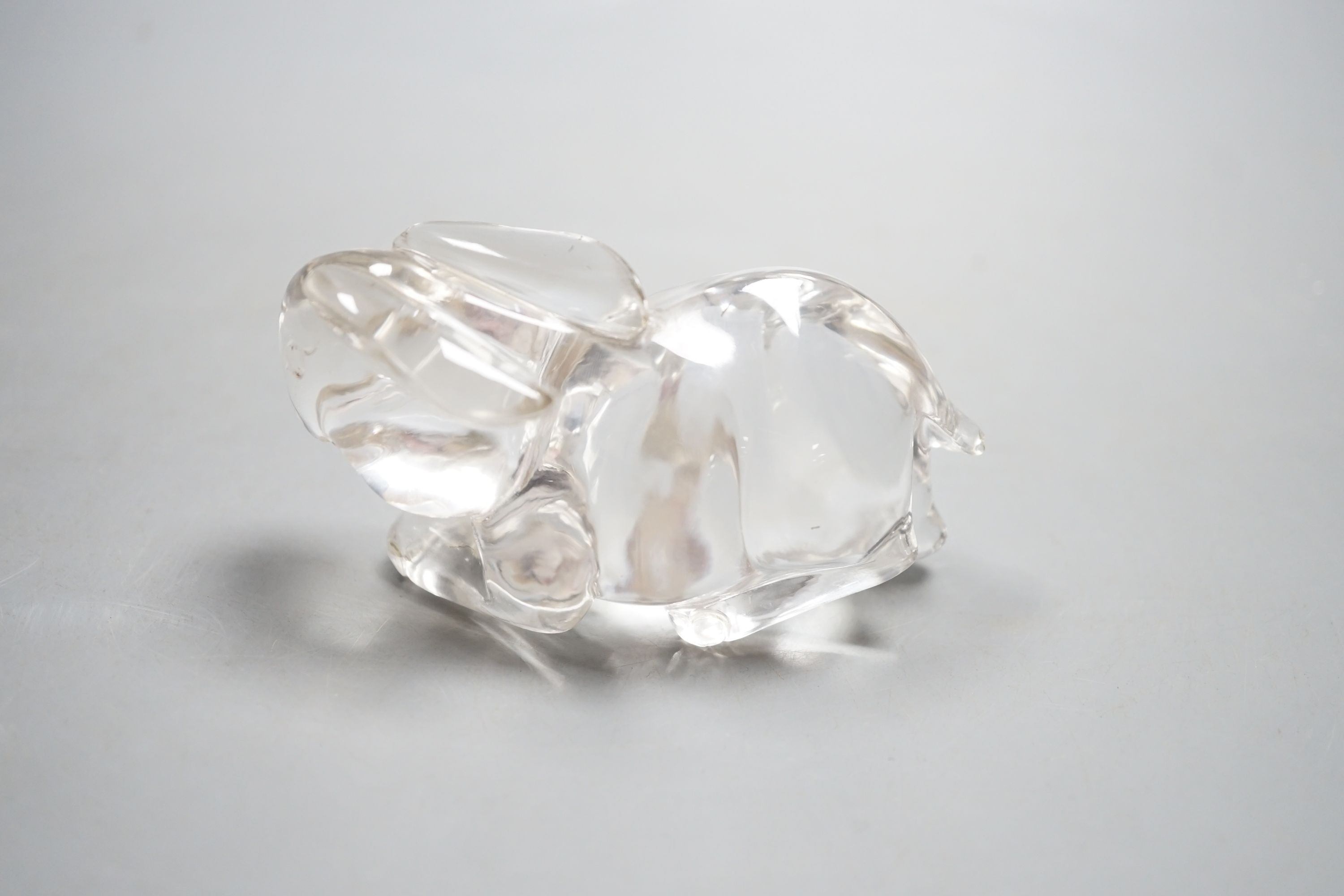A Chinese rock crystal carving of a recumbent rabbit, 11cm long